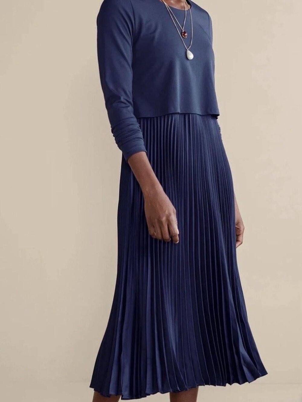 Soft Surroundings NWT Cassandra Long Sleeve Pleat Skirt Midi Dress, Navy Blue XL